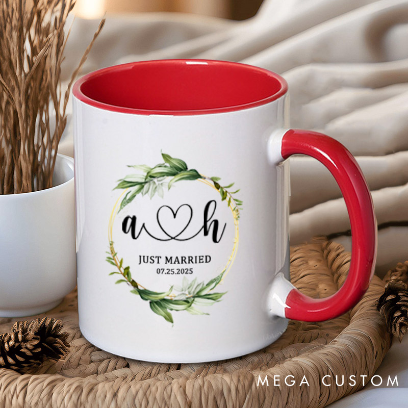 Personalized Romantic Botanical Just Married with Initials Wedding Couple Mugs