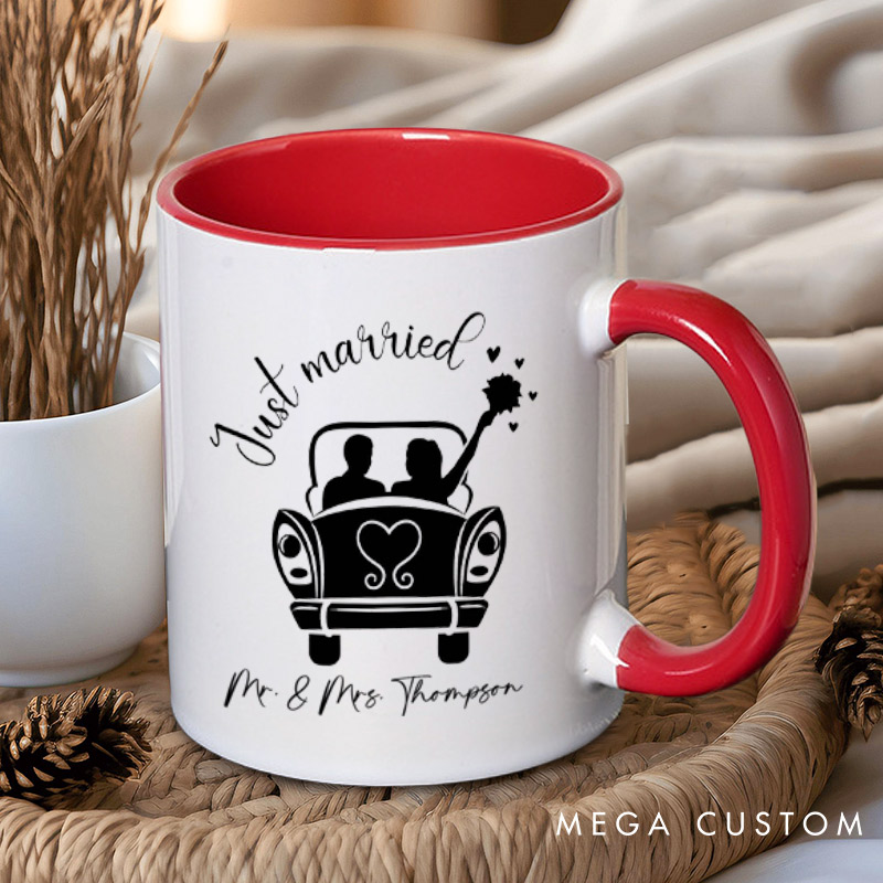 Personalized Romantic Just Married with Wedding Car Wedding Couple Mugs