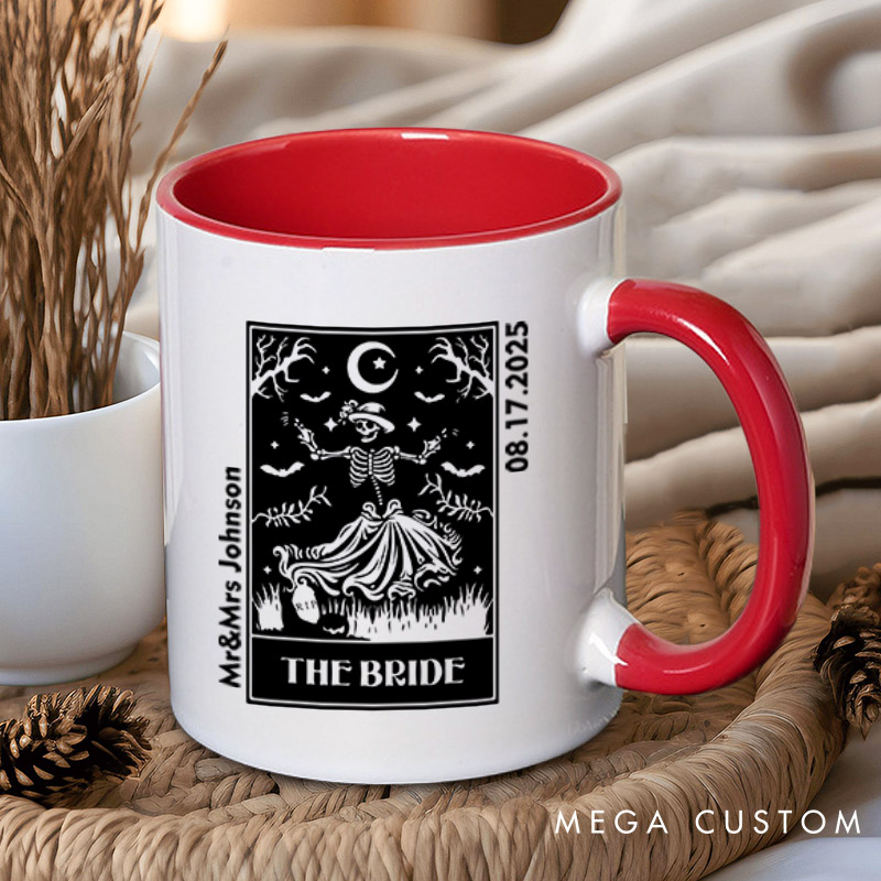 Personalized Whimsical Tarot Card Skeleton Bride and Groom Wedding Couple Mugs
