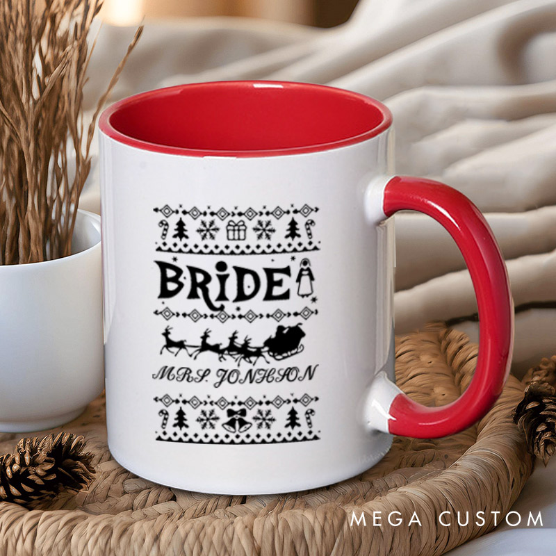 Personalized Christmas Bride and Groom with Reindeer and Sleighs Matching Wedding Couple Mugs
