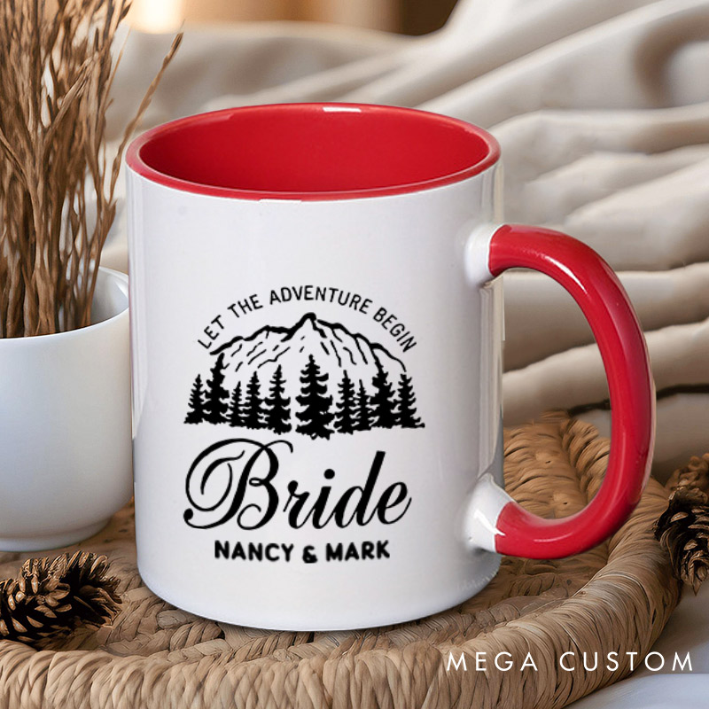 Personalized Mountain Serene Let The Adventure Begin Bride and Groom Wedding Couple Mugs