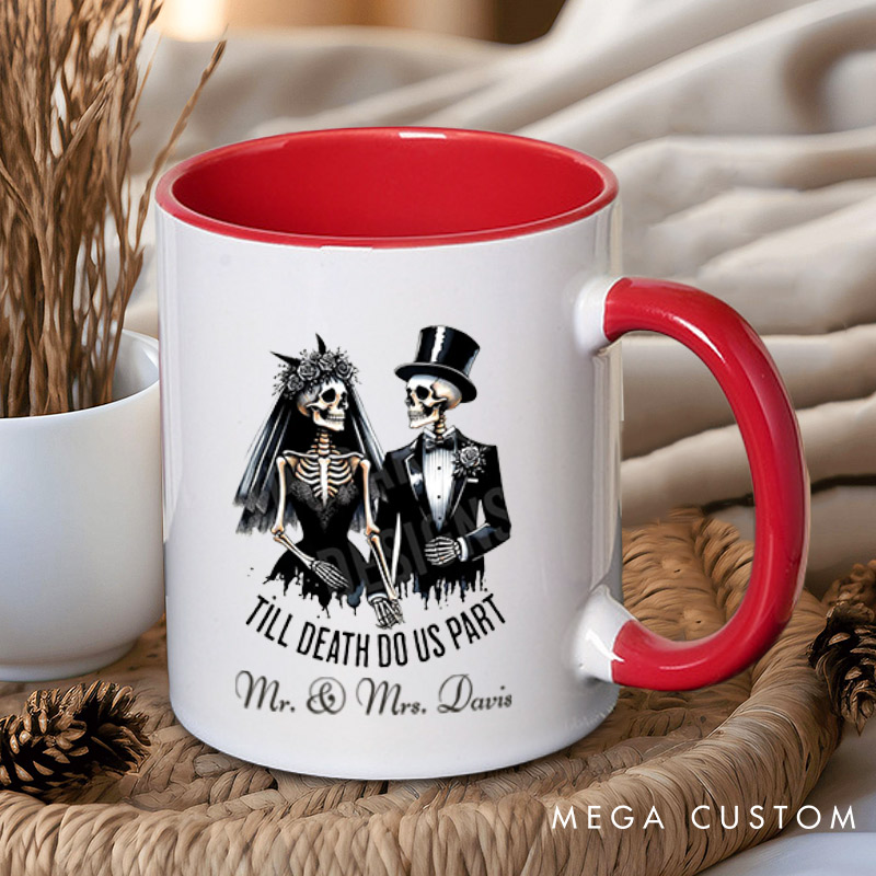 Personalized Til Death Do Us Part Skeleton Bride and Groom Matching Wedding Couple Mugs