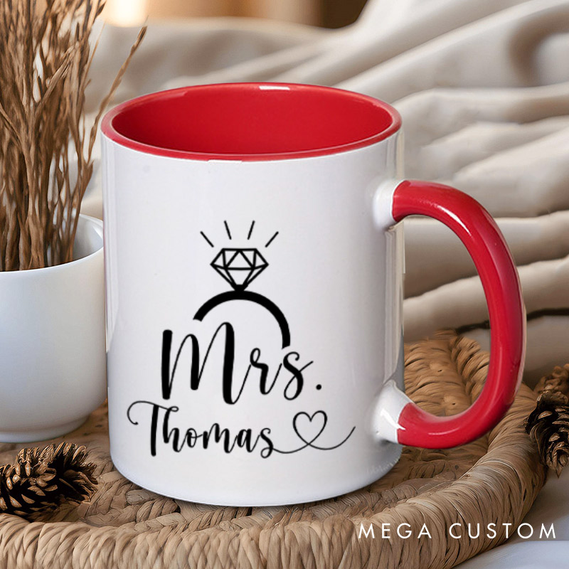 Personalized Elegant Mr and Mrs with Diamond Ring Wedding Couple Mugs