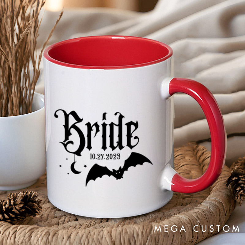 Personalized Halloween Gothic Bride and Groom with Bat and Moon Matching Wedding Couple Mugs