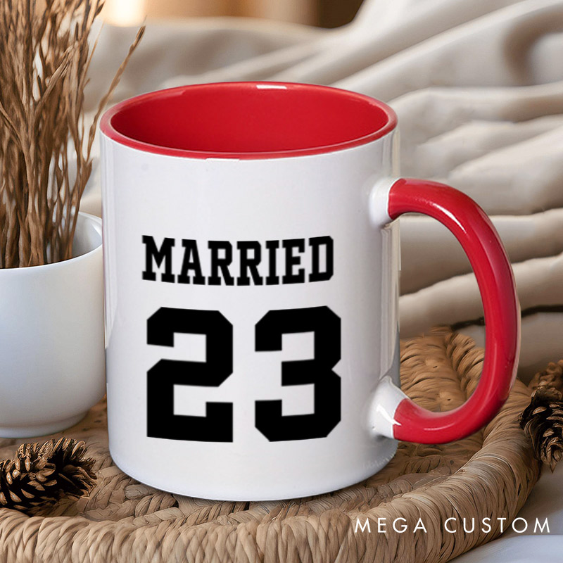 Personalized Bold Sports-Inspired Just Married Matching Wedding Couple Mugs