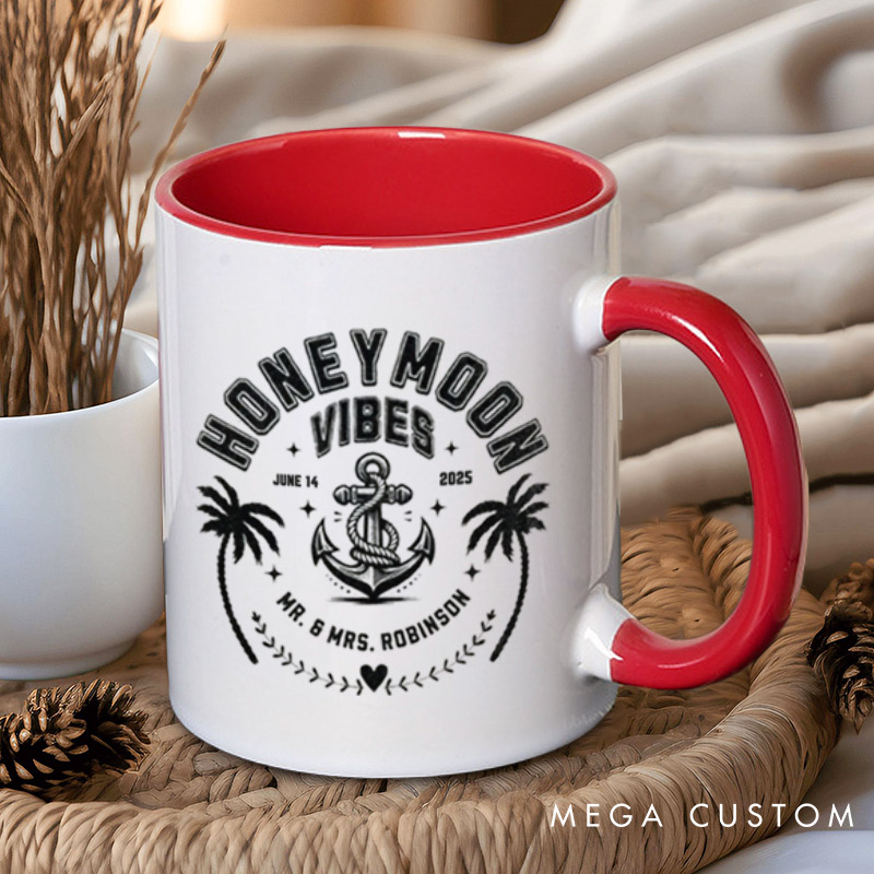 Personalized Nautical Honeymoon Vibes with Anchor and Palm Trees Matching Honeymoon Couple Mugs