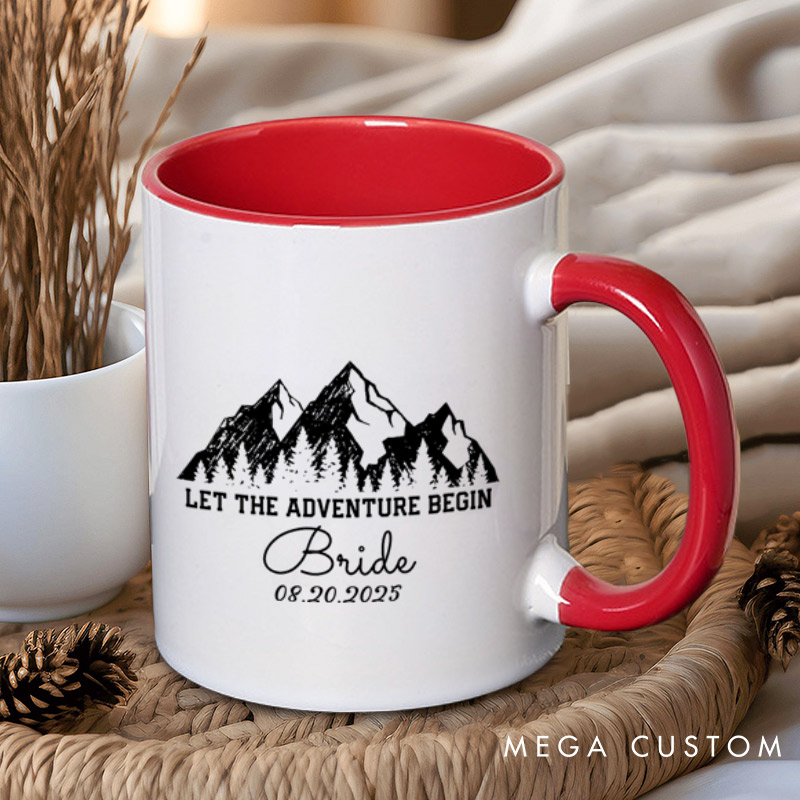 Personalized Rustic Line Mountains Let The Adventure Begin Bride and Groom Matching Wedding Couple Mugs