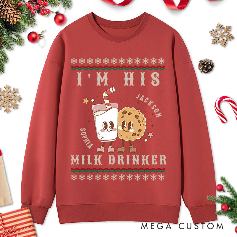 Personalized Couple I'm Her Cookie Eater Christmas Sweatshirt Couple I’m His Milk Drinker Matching Sweatshirt for Husband Wife Boyfriend Girlfriend