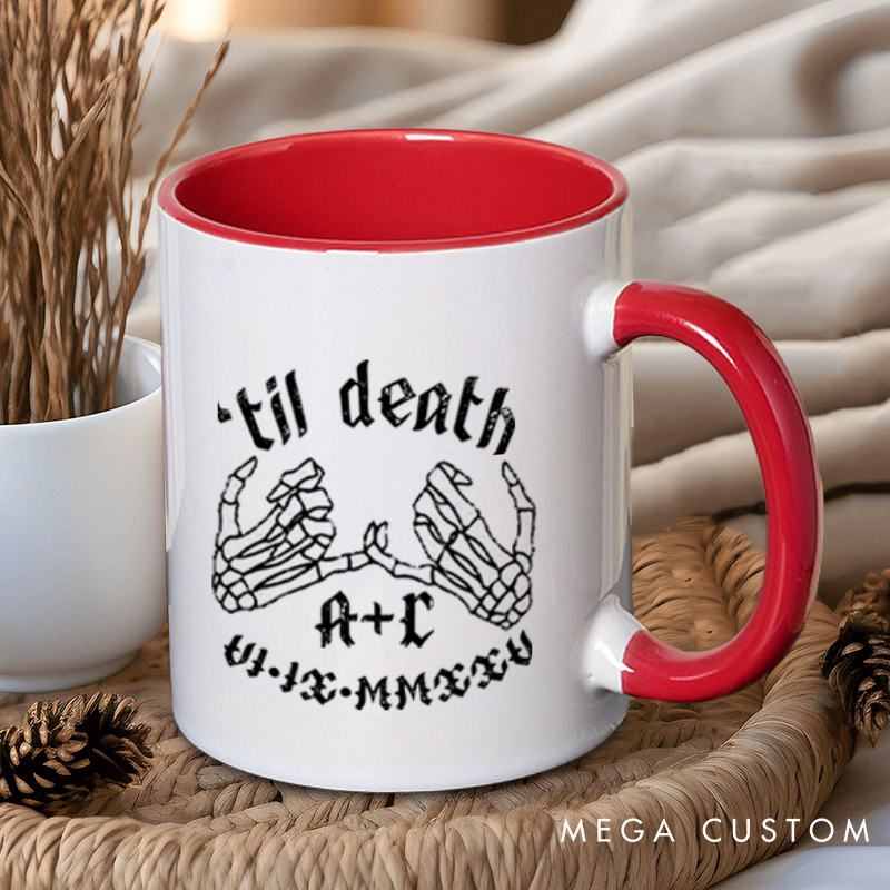 Personalized Til Death Skeleton Finger Hooks with Initials and Dates Matching Wedding Couple Mugs