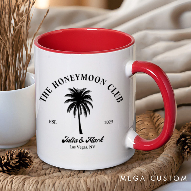 Personalized Tropical The Honeymoon Club with Palm Tree Matching Honeymoon Couple Mugs