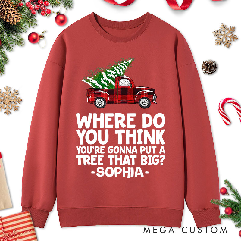 Personalized Couple Bend Over and I’ll Show You Christmas Sweatshirt Xmas Plaid Truck with Tree Sweatshirt for Husband Wife Boyfriend Girlfriend