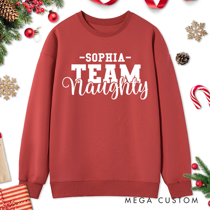 Personalized Couple Team Nice and Team Naughty Christmas Sweatshirt Couple Xmas Matching Crewneck Sweatshirt for Husband Wife Boyfriend Girlfriend