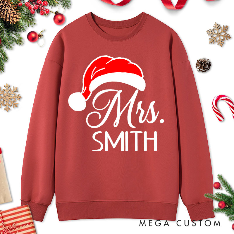 Personalized Couple Mr. and Mrs. with Santa Hats Christmas Sweatshirt Couple Xmas Matching Crewneck Sweatshirt for Husband Wife Boyfriend Girlfriend
