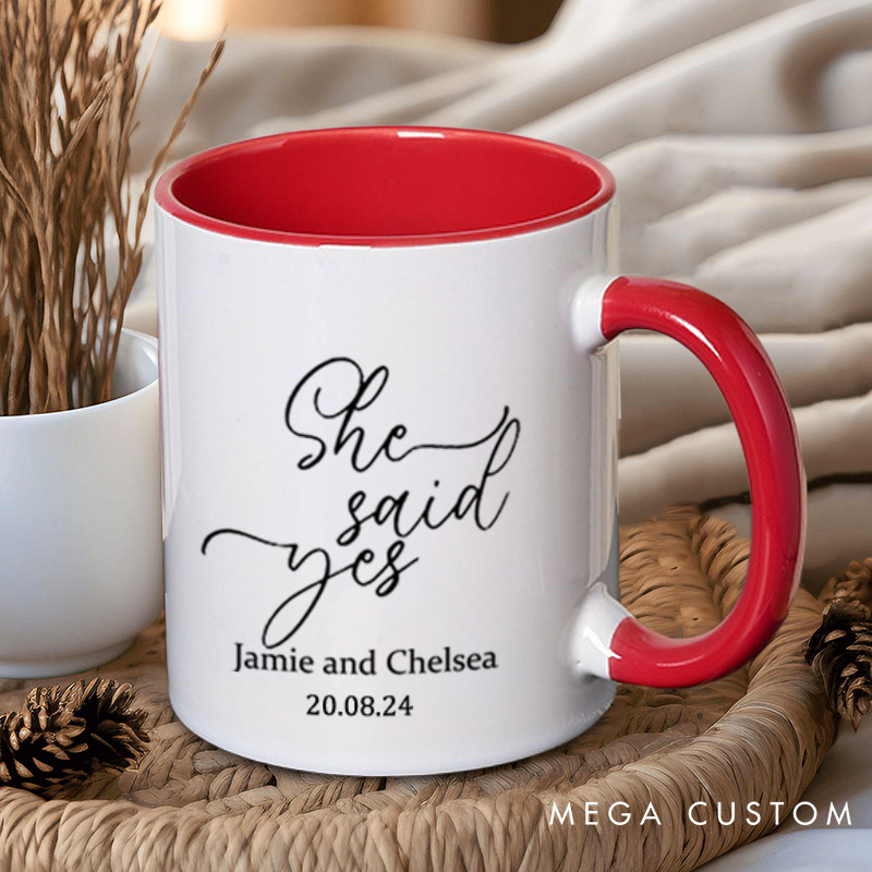 Personalized He Asked and She Said Yes Engagement Couple Mugs