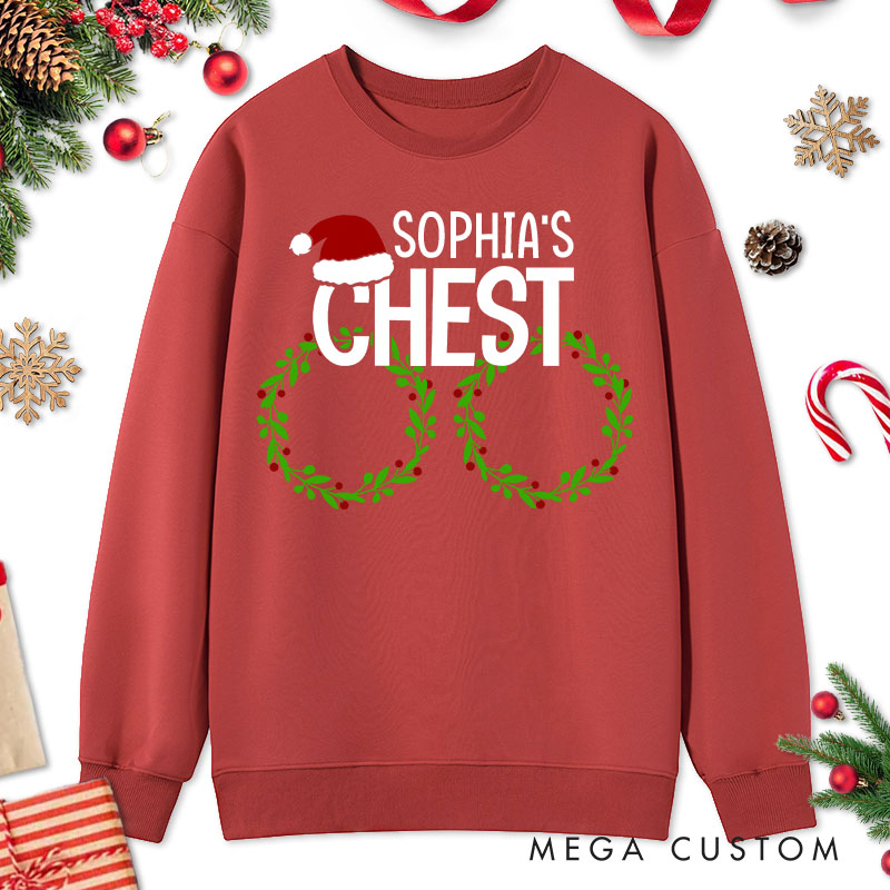Personalized Couple Fun Nuts and Chest with Santa Hat Sweatshirt Couple Xmas Ball and Wreath Crewneck Sweatshirt for Husband Wife Boyfriend Girlfriend