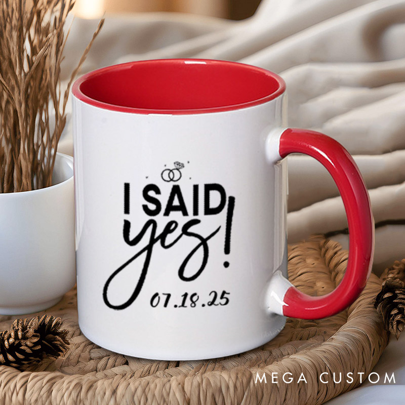 Personalized Elegant I Asked and I Said Yes Engagement Announcement with Rings Engagement Couple Mugs