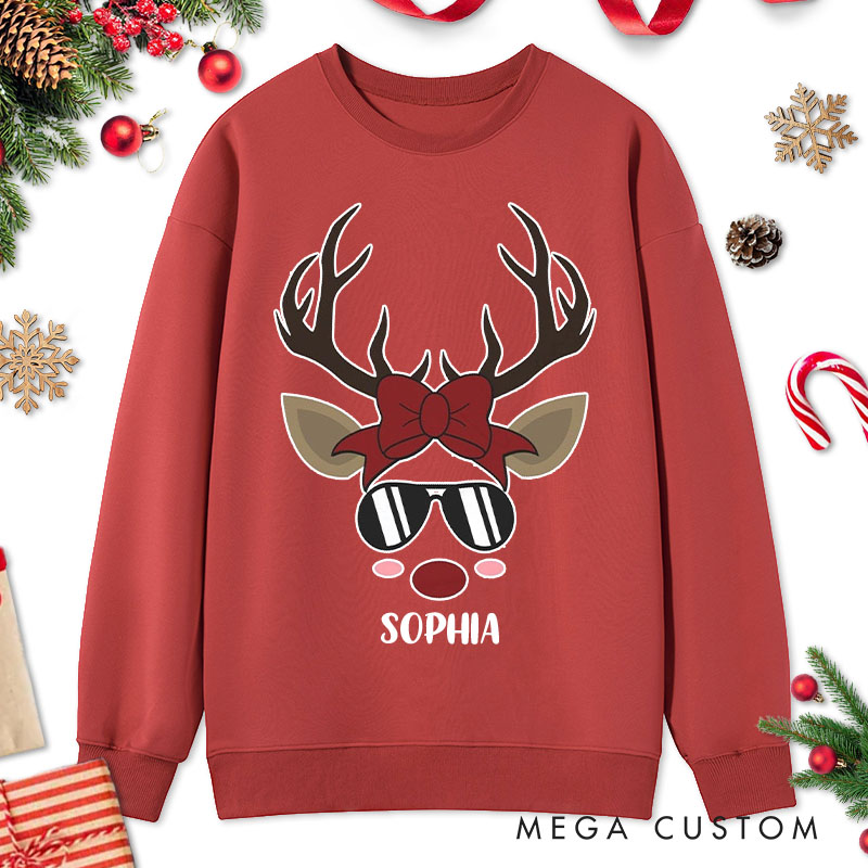 Personalized Couple Cool Reindeer with Sunglasses Christmas Sweatshirt Couple Chic Reindeer with Bow Sweatshirt for Husband Wife Boyfriend Girlfriend