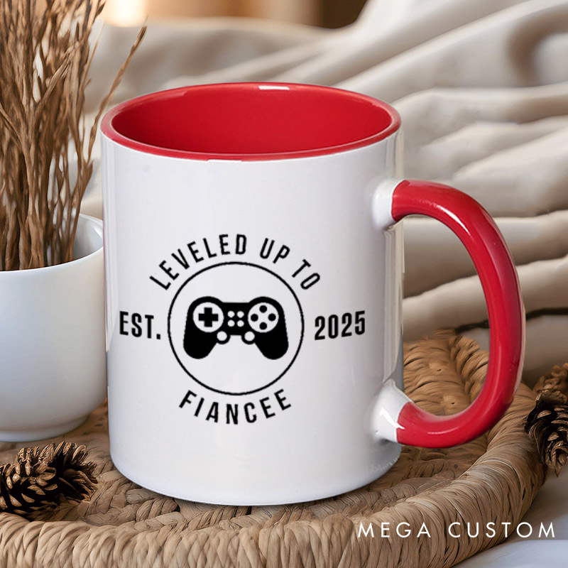 Personalized Leveled Up to Fiancée and Fiancé with Gaming Controller Engagement Couple Mugs
