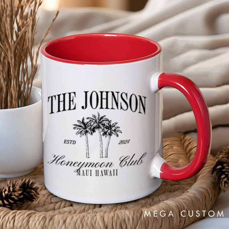 Personalized Classic Honeymoon Club with Palm Trees Matching Honeymoon Couple Mugs