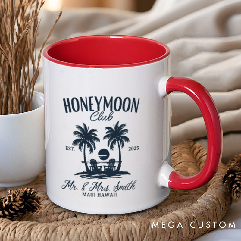 Personalized Vintage Tropical Honeymoon Club with Sunset Matching Honeymoon Couple Mugs
