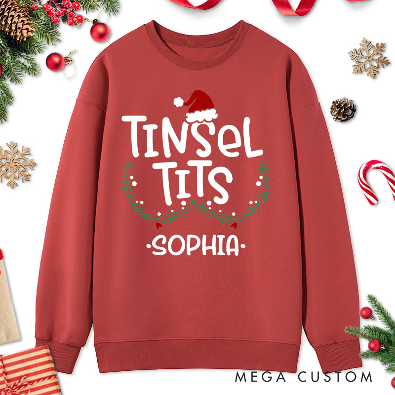 Personalized Couple Cute Jingle Balls and Tinsel Tits Christmas Sweatshirt Xmas Fun Ball and Wreath Sweatshirt for Husband Wife Boyfriend Girlfriend