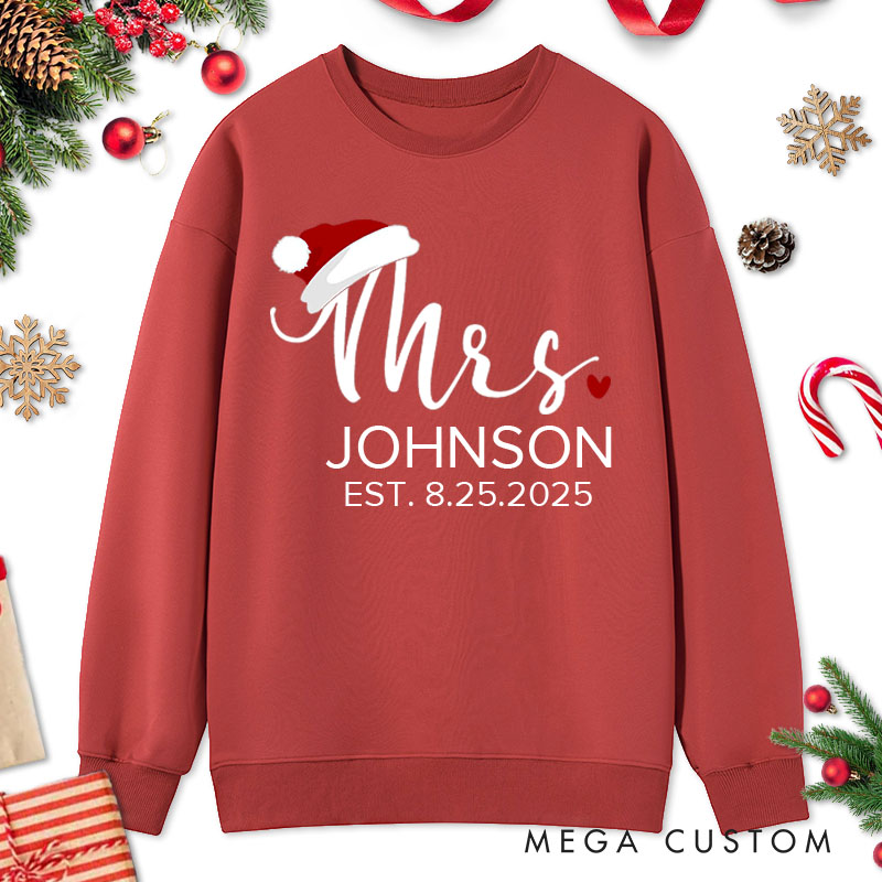 Personalized Couple Mr. and Mrs. with Santa Hats and Heart Christmas Sweatshirt Couple Xmas Matching Sweatshirt for Husband Wife Boyfriend Girlfriend