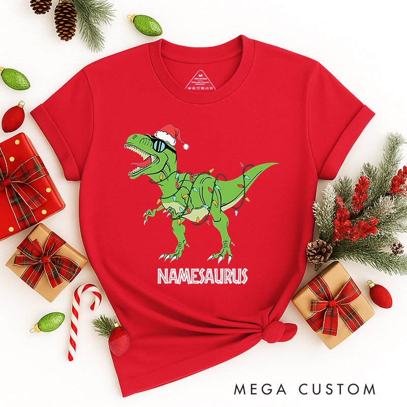 Personalized Namesaurus Christmas Classic T-Shirts Dinosaurs Movie Series Tshirt Movie Holiday Shirt