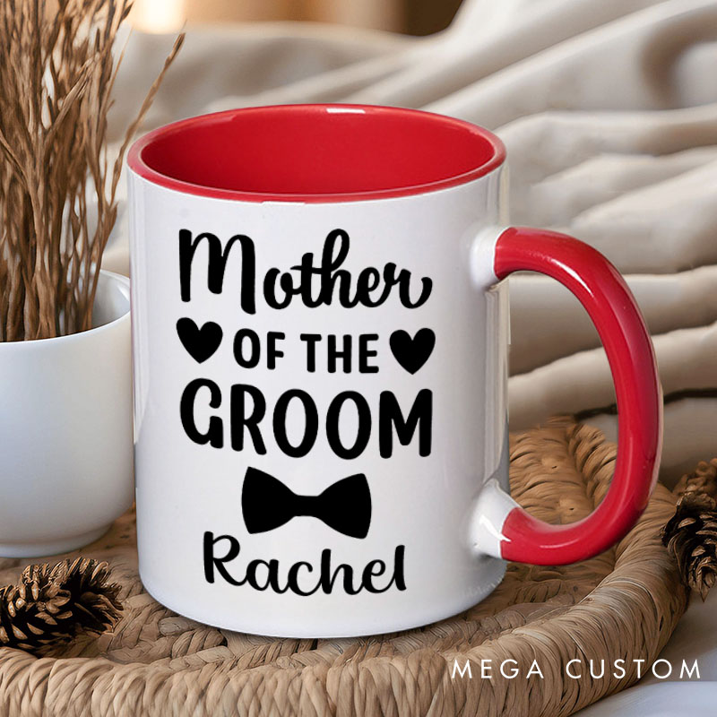 Personalized Mother of the Bride Mug Mother of the Groom Mug Bow Tie and Dress Mug Bachelorette Party Mug MOG MOB Gift Wedding Mug