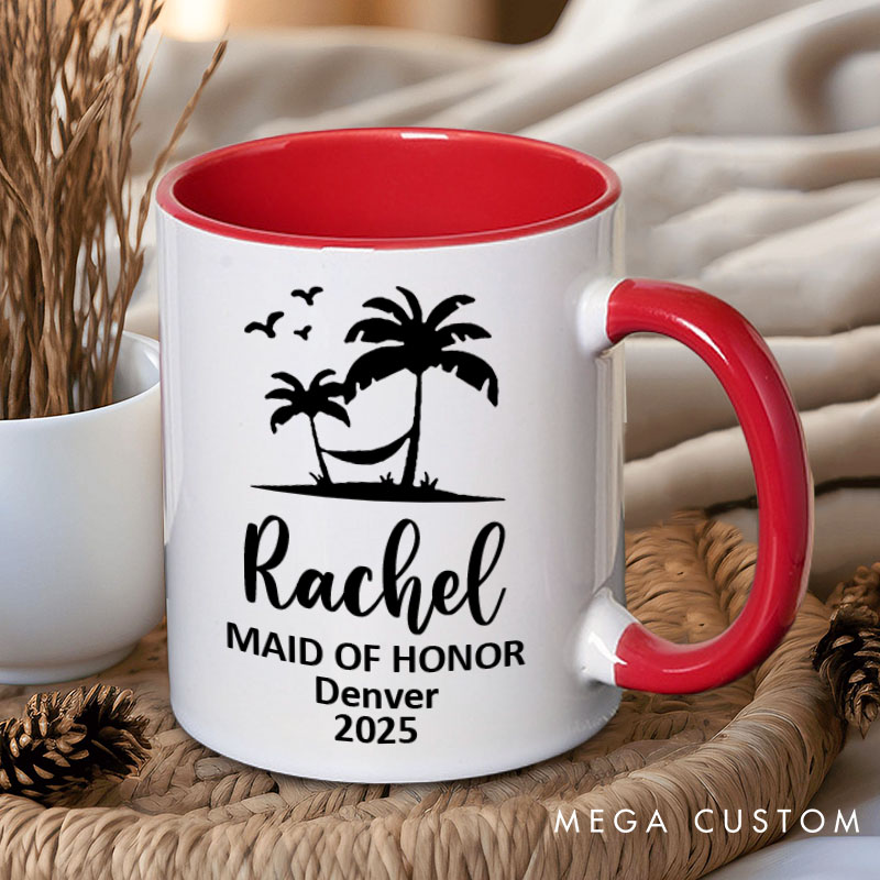 Personalized Bridesmaid Palm Tree and Hammock Mug Maid of Honor Name Mug Bachelorette Party Mug Bridesmaid Proposal Gift for Her Bridal Shower Mug