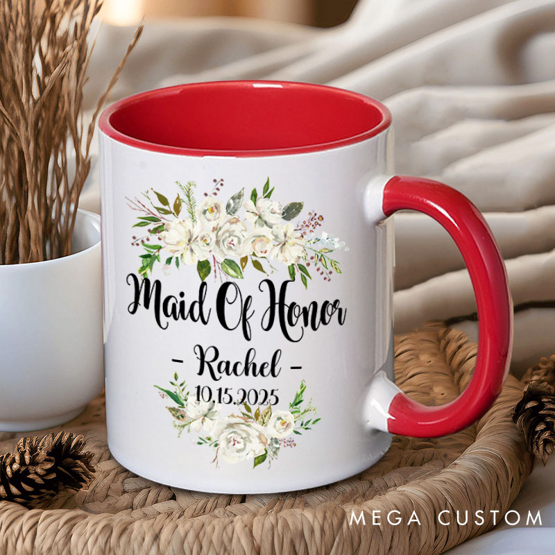 Personalized Maid of Honor White Floral Mug Name Bridesmaid Mug Bachelorette Party Mug with Date Bridesmaid Proposal Gift for Her Bridal Shower Mug