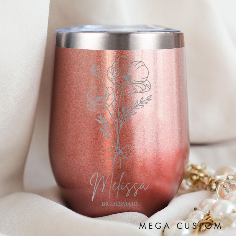 Personalized Bridesmaid Birth Flower Wine Tumbler Custom Bride Month Flower Wine Tumbler Maid of Honor Bachelorette Party Favor Bridal Shower Gift