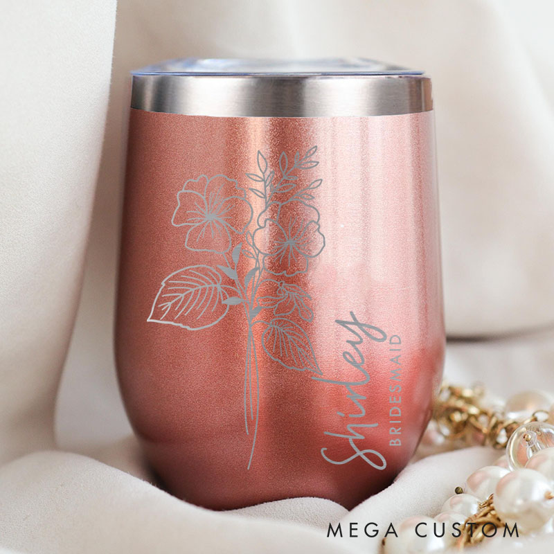 Personalized Bridesmaid Elegant Birth Flower Wine Tumbler Custom Bride Month Flower Wine Tumbler Maid of Honor Bachelorette Party  Bridal Shower Favor