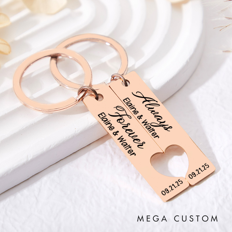 Personalized Couple Forever Always 2pcs Matching Keychain Newlyweds Matching Heart Keychain Valentine's Day Gift for Boyfriend Girlfriend Husband Wife