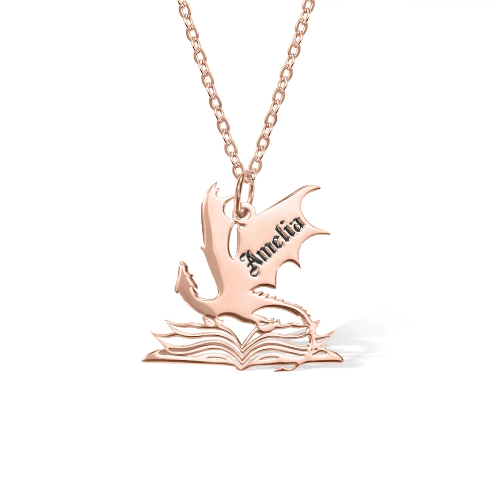 Personalized Book Dragon Necklace with Name Birthday Anniversary Gift for Bookworm Reader Fantasy Book Lovers Gift
