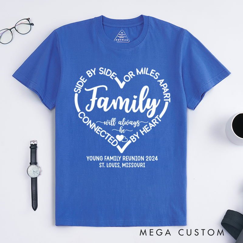 Personalized Family Reunion Side By Side Miles Apart Family Shirt With Custom Name Date and Destination Unisex T-shirt