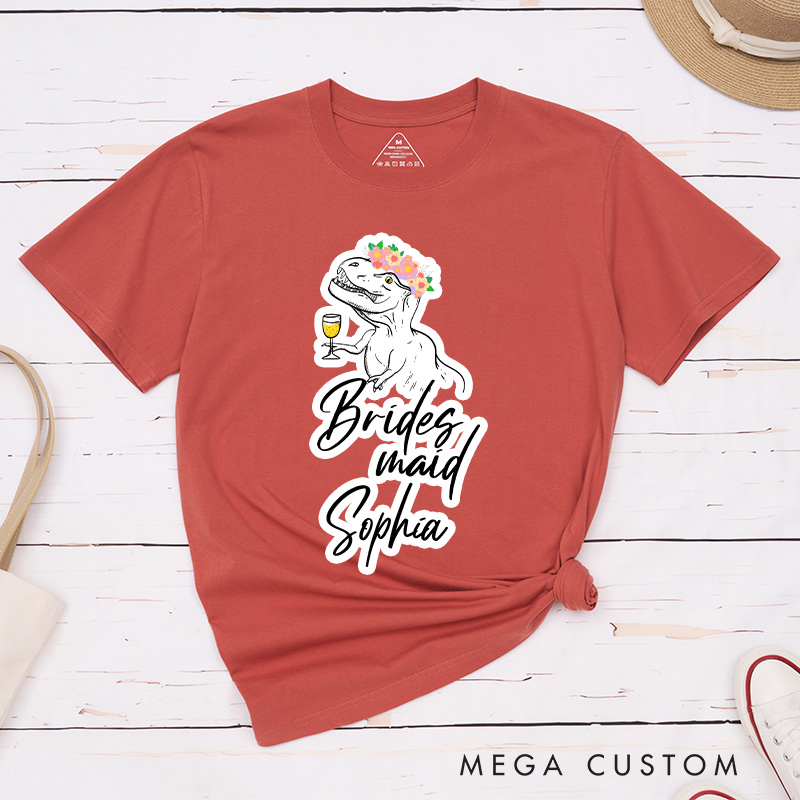 Personalized Bride Floral Crown Dinosaur with Drink Matching T-Shirt Bridesmaid T-Shirt Maid of Honor Wedding Day T-Shirt Bachelorette Party Gift