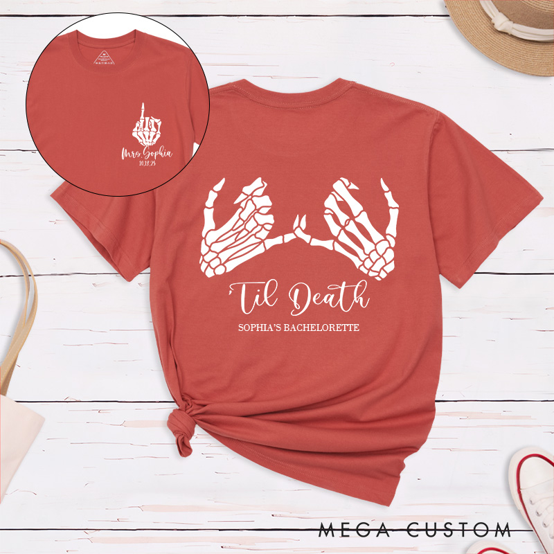 Personalized Funny Bride Skull Hand with Ring Halloween Matching T-Shirt Mrs. Bride ‘Til Death T-Shirt Wedding Bachelorette Party Gift