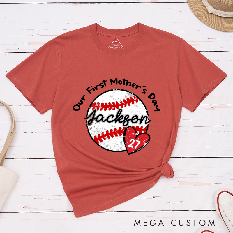 Personalized Our First Mother's Day Cute Baseball Fan Gift Heart Design Classic T-shirt