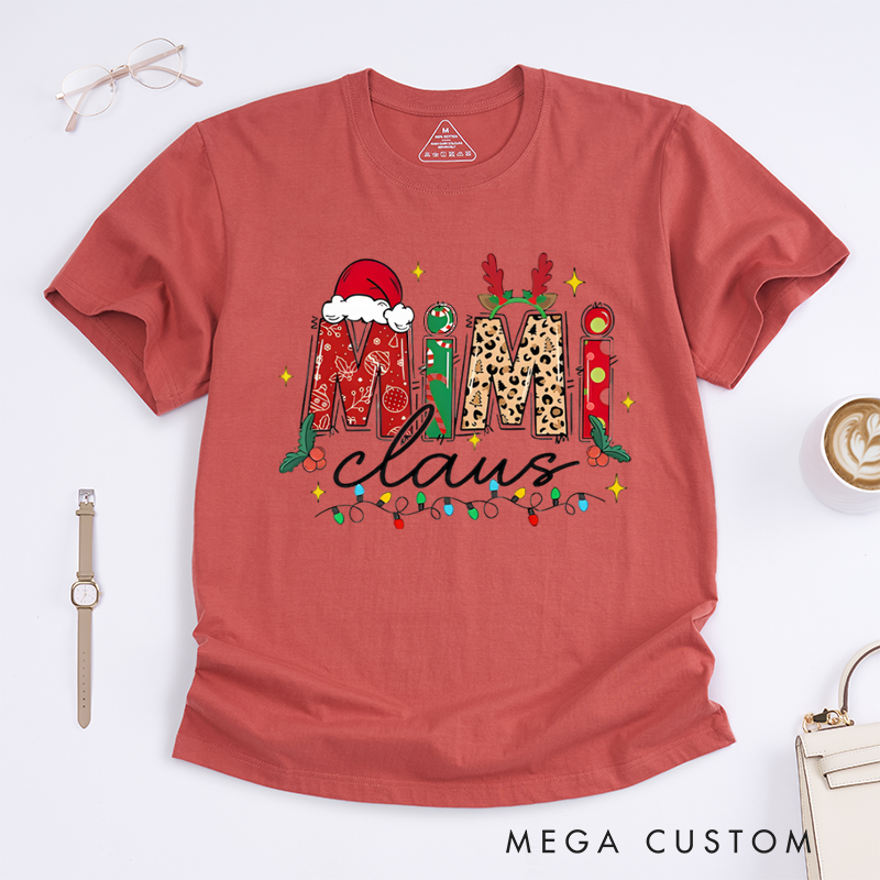 Personalized Christmas Mama Gigi Nana Claus Classic T-Shirt with Santa Hat and Reindeer Antler Decorations