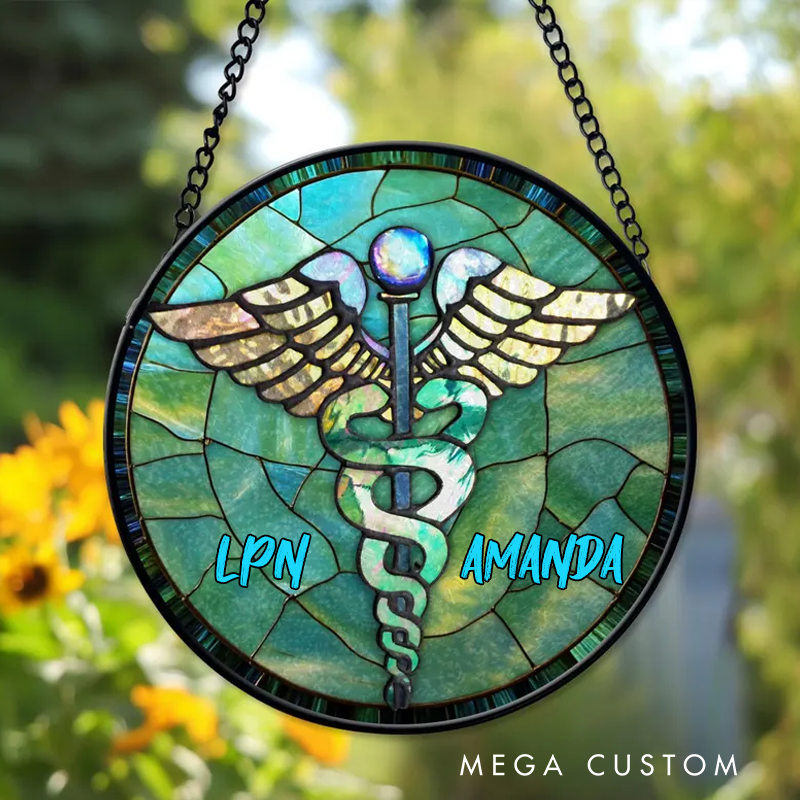 Personalized Caduceus Faux Stained Glass Suncatcher for Nurse and Doctor Medical Suncatcher Gift