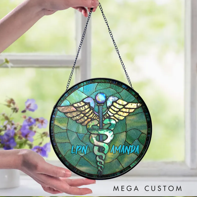 Personalized Caduceus Faux Stained Glass Suncatcher for Nurse and Doctor Medical Suncatcher Gift