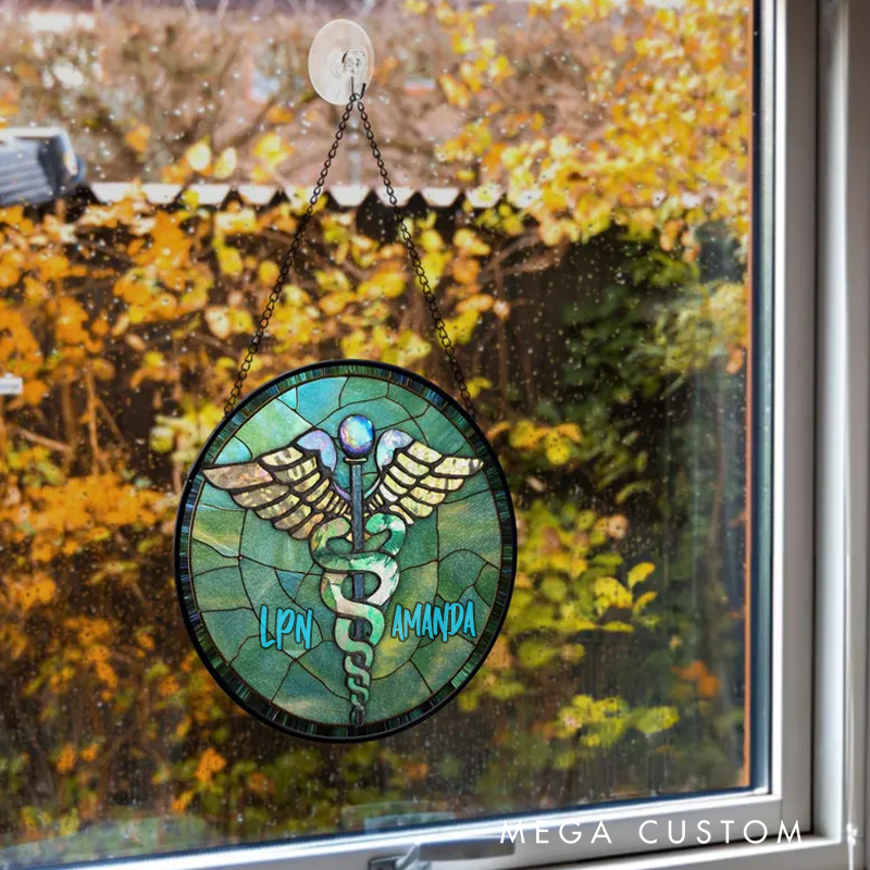Personalized Caduceus Faux Stained Glass Suncatcher for Nurse and Doctor Medical Suncatcher Gift