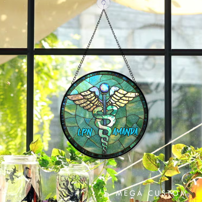 Personalized Caduceus Faux Stained Glass Suncatcher for Nurse and Doctor Medical Suncatcher Gift