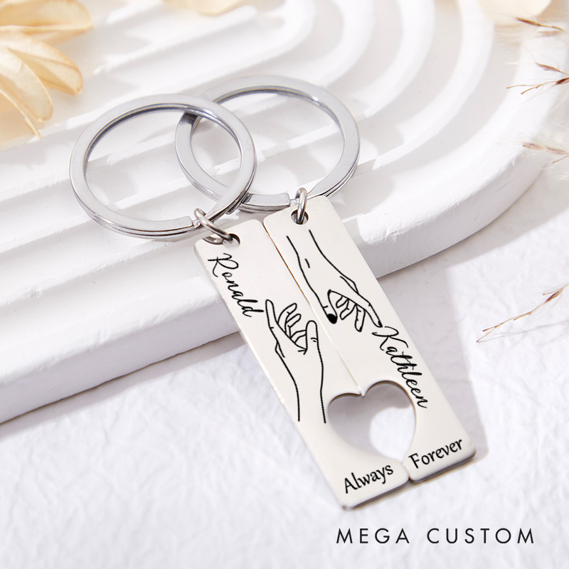 Personalized Couple Forever Always 2pcs Matching Keychain Newlyweds Line Hand Heart Keyring Valentine's Day Gift for Boyfriend Girlfriend Husband Wife