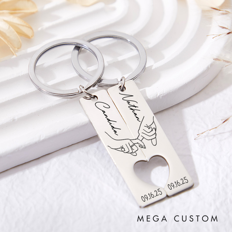 Personalized Couple Pinky Promise 2pcs Matching Keychain Newlyweds Line Hand Heart Keyring Valentine's Day Gift for Boyfriend Girlfriend Husband Wife