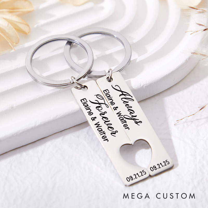 Personalized Couple Forever Always 2pcs Matching Keychain Newlyweds Matching Heart Keychain Valentine's Day Gift for Boyfriend Girlfriend Husband Wife