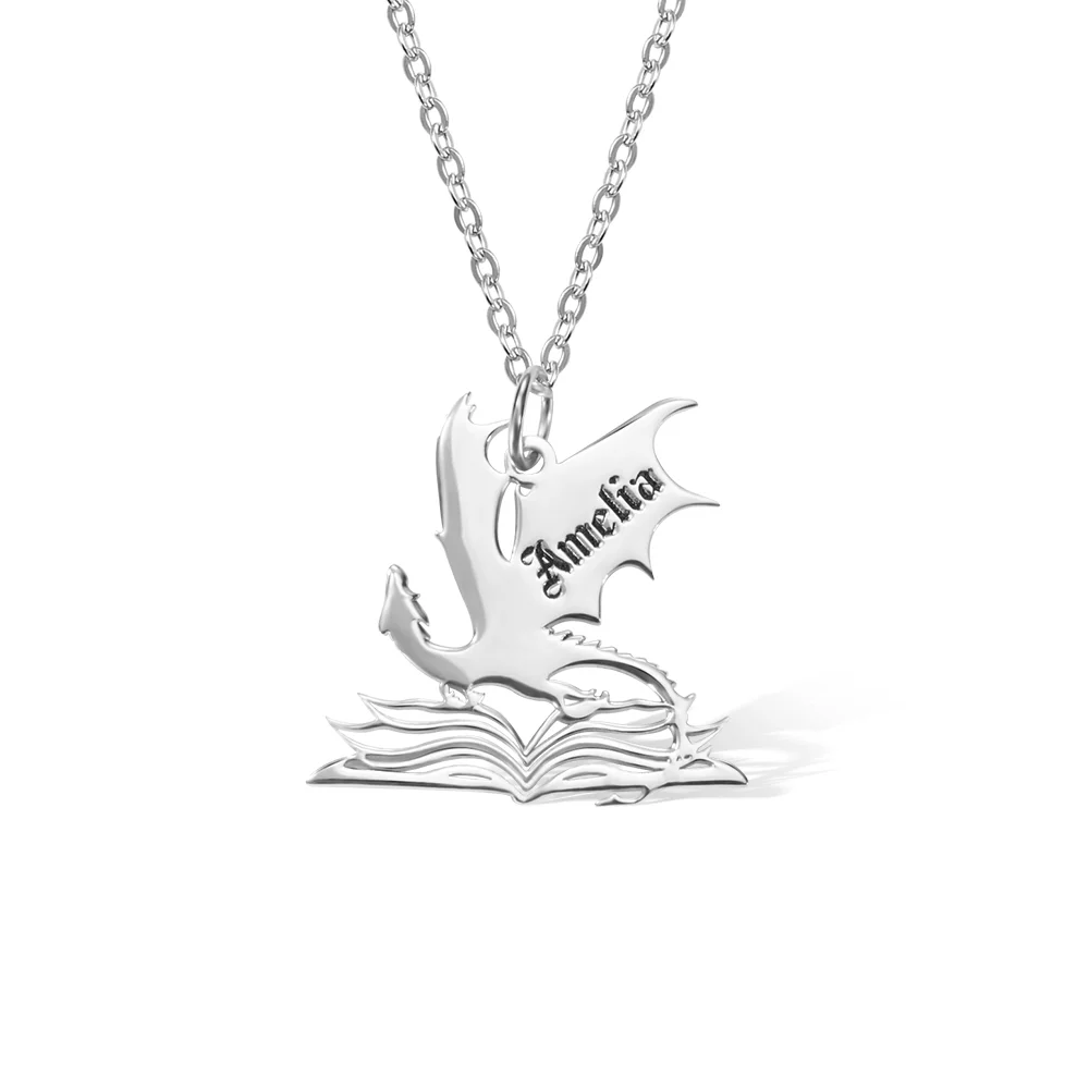 Personalized Book Dragon Necklace with Name Birthday Anniversary Gift for Bookworm Reader Fantasy Book Lovers Gift