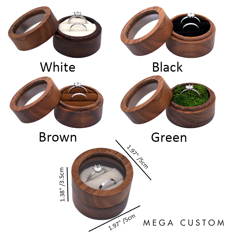 Personalized Couple Last Name Wedding Wooden Ring Box Custom Newlywed First Name Round Ring Box with Acrylic Cover Husband Wife Engagement Ring Box