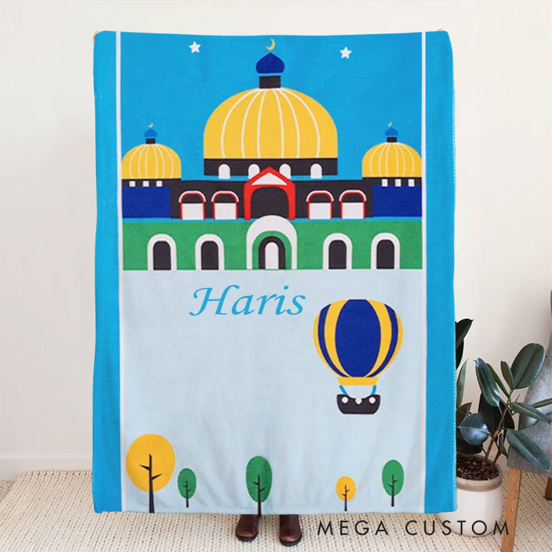 Personalized Mosque Kid Prayer Throw Blanket with Name Home Decor Muslim Sejadah Janamaz Islamic Eid ul-Fitr Gift for Children