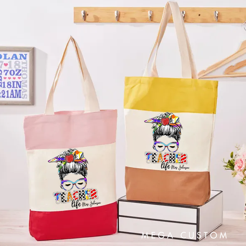 Personalized Teacher Tri Color Canvas Tote Bag Illustration of a teacher with Glasses Teacher Life Gift for Teachers